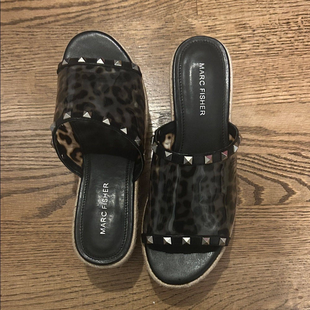 Worn once - Marc Fisher Black Leopard Studded Mules